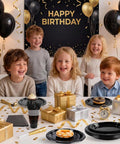 Fresh Black Disposable Plates 350 Piece Heavy Duty Food Grade Plastic Party Essentials For Weekend Ragers And Halloween Parties on birthday table with kids.