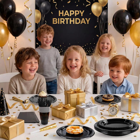 Fresh Black Disposable Plates 350 Piece Heavy Duty Food Grade Plastic Party Essentials For Weekend Ragers And Halloween Parties on birthday table with kids.