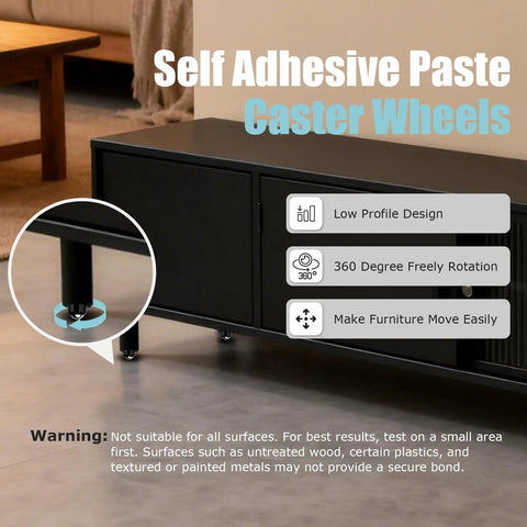 One Inch Self Adhesive Caster Wheels Four Pack Smooth Appliance Sliders shown installed on furniture for easy movement.