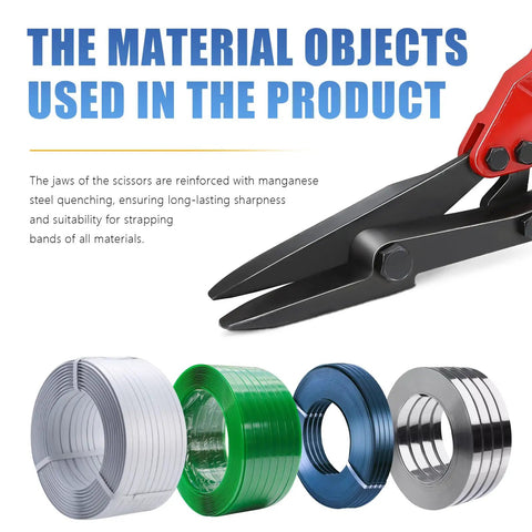 Heavy Duty Strapping Cutter With 24 Inch High Carbon Steel Blade For Steel And Polyester PET Strapping Up To 2 Inch Width And 0.05 Inch Thickness Pro Grade Ergonomic Handle For Comfort And Precision Cutting showing blade and strapping rolls