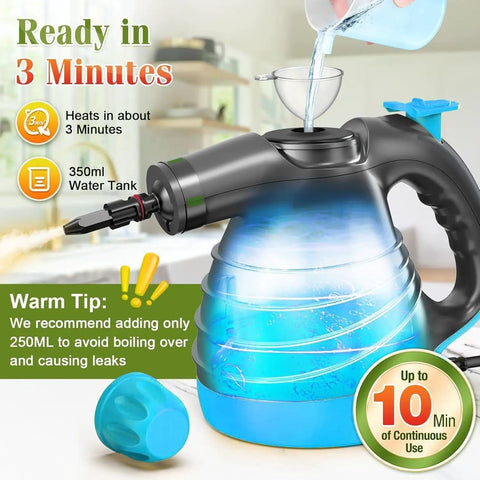Easy Clean Handheld Steam Cleaner For Home And Car 275F High Temp Fast Heat Multi Surface Steamer Chemical Free Pet Safe Portable 450ml Tank Great For Windows Bathrooms Grout Couch And More Blue being filled with water. Heats in 3 minutes with 350ml water tank highlighted.