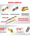 Detail display of HSS Left Hand Cobalt Drill Bits with titanium coating, 135° cutting edges, and 1/4 inch hex shank.