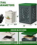 Kitchen Compost Bin Set With 1 Gallon Indoor Countertop Bin And 8 Gallon Outdoor Worm Bin Includes Lid Gardening Gloves And Jute Blanket For Easy To Set Up Garden Compost System with dimensions and odor blocking features shown.