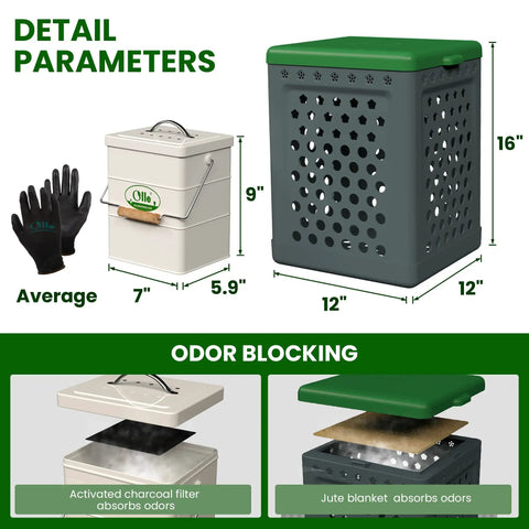 Kitchen Compost Bin Set With 1 Gallon Indoor Countertop Bin And 8 Gallon Outdoor Worm Bin Includes Lid Gardening Gloves And Jute Blanket For Easy To Set Up Garden Compost System with dimensions and odor blocking features shown.