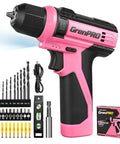 Pink 8V Cordless Drill And Screwdriver Combo Kit With 43 Piece Slick Accessory Bundle Featuring Bright Led Light For Zero Fuss Woodworking Projects Perfect For Weekend Warriors, showing accessories.