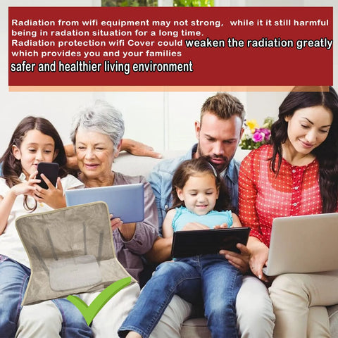 Family using devices near Smart High Protection WiFi Router Cover Shield For EMF Radiation, Versatile Guard For Home And Office Use, 14 By 15.5 Inch Protective Enclosure That Reduces Exposure, Keeps Router Accessible, Cooled, And Durable with image of EMF shield.