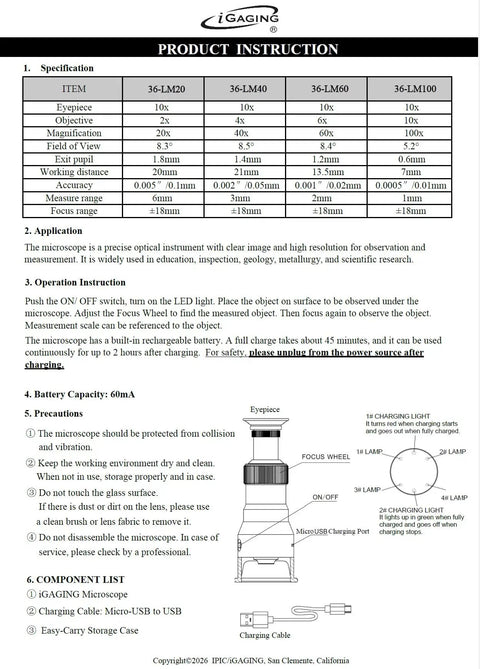 60X Measuring Microscope Magnifier With Rechargeable LED Light Reticle Crosshair And Adjustable Focus For Tiny Parts Jewelry Electronics DIY, Super Handy For Detail Work instruction sheet