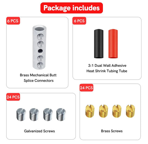 6 Gauge Wire Butt Connectors Kit With Tinned Brass, Heavy Duty Screw Type Quick Wire Connectors, heat shrink tubes, screws