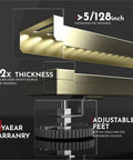Close-up of 36 Inch Linear Shower Drain showing thickness and adjustable feet, made of SUS304 stainless steel with brushed gold finish.