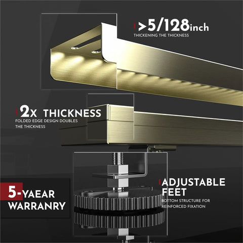 Close-up of 36 Inch Linear Shower Drain showing thickness and adjustable feet, made of SUS304 stainless steel with brushed gold finish.