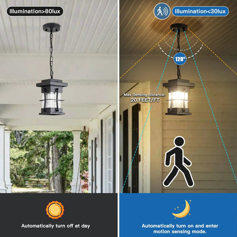 Image showing Motion Outdoor Pendant Light With Dusk To Dawn Sensor Exterior Hanging Lantern In Black Finish with motion detection.