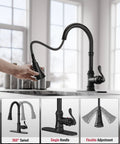 Matte Black Kitchen Faucet With Pull Down Sprayer, 3 Function Spray, Vintage Single Handle With Antique Brass Accent