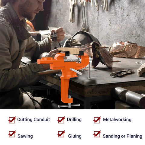 3 Inch Table Vise With 360 Degree Swivel Base Clamp On Bench Vise for woodworking and metalworking in workshop, orange color