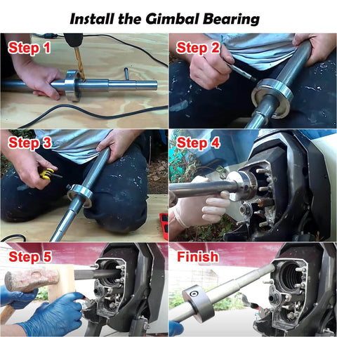 All In One Gimbal Bearing Installer Kit With Puller Remover And Engine Alignment Tools For Mercruiser Alpha Alpha 1 MR Bravo Volvo OMC Cobra And Yamaha Sterndrive 89 92 Easy Install And Precise Alignment Pro shown in step-by-step installation process