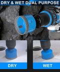 11-pc diamond tile hole saw drill bit set in blue, attached to a drill; dry and wet dual-use.
