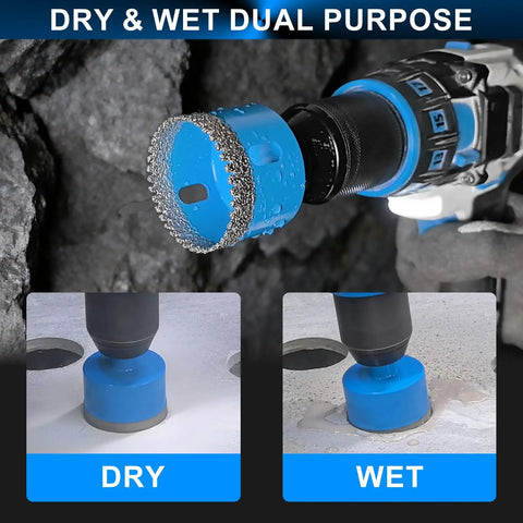 Straight Shooter 11 Piece Diamond Hole Saw Kit with serrated drill bit cutting through tile, showing dry and wet usage.