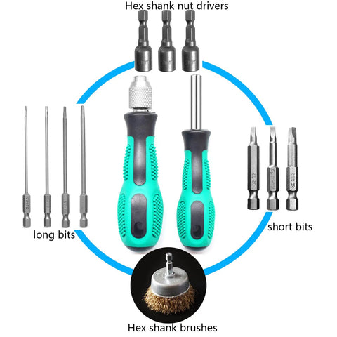 2 Piece One Quarter Inch Hex Quick Change Screwdriver Bit Holder Set With Magnetic Bit Holder And Quick Change Handle shown with bits