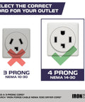 Comparison image of NEMA 10-30 3-prong and NEMA 14-30 4-prong outlets for Four Prong Dryer Cord Ten Foot Black With Ring Terminals.