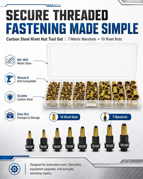 Heavy Duty Carbon Steel Rivet Nut Tool Set With Metric Mandrel Head For Installing Threaded Inserts In Sheet Metal, M3-M12 kit