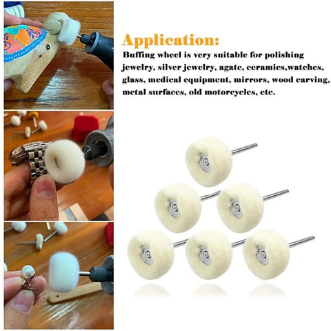 Wool Felt Mini Polishing Brush Wheel Set 60 Pieces 3 Millimeter Shaft Heads For Car Detailing Rotary Tools Drills And Pneumatic Polishers Get A Slick Consistent Finish shown in various polishing applications