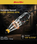 Image of 40-Piece Rotary Tool Kit With Variable Speed 8,000 To 30,000 RPM, 120V Corded, highlighting variable speed and collet size.