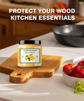 Straight Up Beeswax Cutting Board Finish Wax Blended With Carnauba And Fresh Lemon Orange Oils To Nourish Wood Butcher Blocks And Keep Your Kitchen Gear Looking Sharp 3.5 Oz Tin on a wooden cutting board.