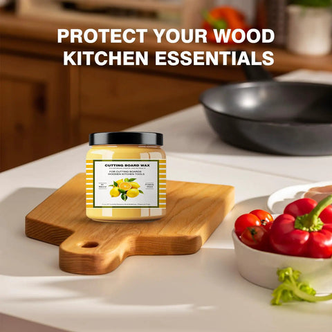 Straight Up Beeswax Cutting Board Finish Wax Blended With Carnauba And Fresh Lemon Orange Oils To Nourish Wood Butcher Blocks And Keep Your Kitchen Gear Looking Sharp 3.5 Oz Tin on a wooden cutting board.
