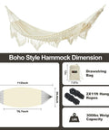 Chill Boho Macrame Hammock With Tassels And Hanging Ropes Soft Cotton Blend Portable Patio Backyard Porch Lounger 78.8 By 39.4 Inches 300 Lbs Weight Capacity Outdoor Indoor Use Beige, showing dimensions and accessories with bag and ropes