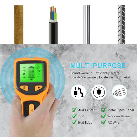 Stud Finder Wall Scanner, 5 in 1 Stud Finder Tool with LCD Display (Yellow) detecting wood, metal, and wires.
