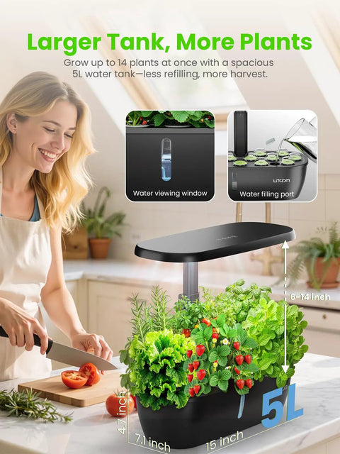 Woman using Hydroponic Indoor Garden System Kit With 15 Pods, 24 Watt Grow Light, App Control, Quiet Pump, and Timer