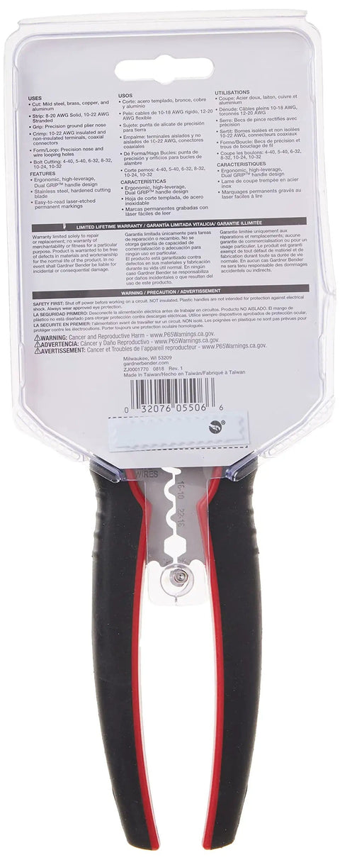 Back view of ArmorEdge 3 In 1 Wire Stripper Crimper Cutter packaging with ergonomic handles visible