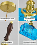 BBLLWJ 1-Pack Vintage Pendant Light for Kitchen Island with brass base, adjustable cord, natural wood, and blue glass shade.