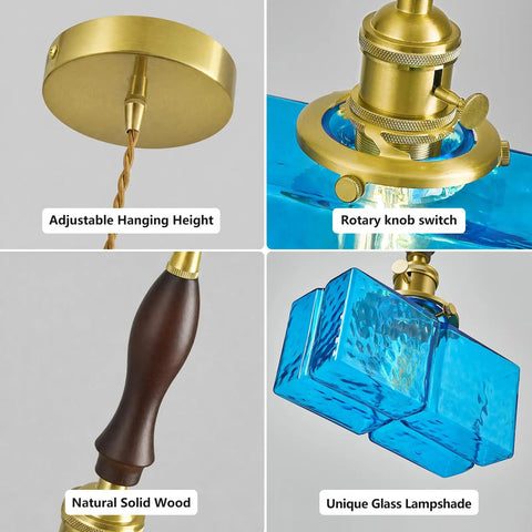 BBLLWJ 1-Pack Vintage Pendant Light for Kitchen Island with brass base, adjustable cord, natural wood, and blue glass shade.