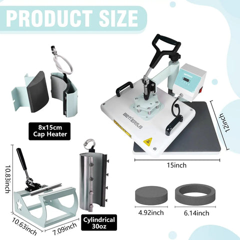 Dimensions of 5 In 1 Heat Press Machine For T Shirts, Mugs, Hats, Plates And Tumblers With 12x15 Swing Away Plate, Teal Finish