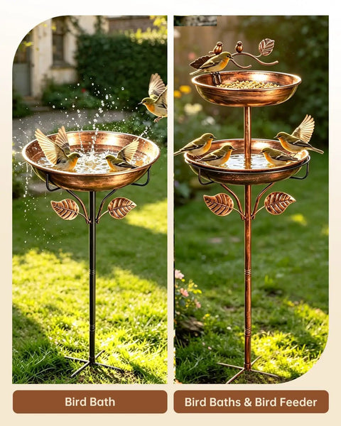 Two In One Metal Bird Bath And Feeder For Outdoor Gardens, Vintage Bronze Free Standing Yard Decor With Dual Bowls And Detachable Feeder