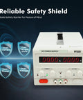 Variable DC Power Supply 0 To 30V 0 To 20A Bench Power Source With Precise Output And LED Readout Real Time Voltage And Current Monitor For Prototyping DIY Electronics Lab Testing And Hands On Projects, front view with over-current and over-voltage shields