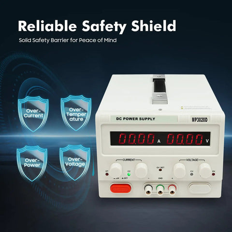 Variable DC Power Supply 0 To 30V 0 To 20A Bench Power Source With Precise Output And LED Readout Real Time Voltage And Current Monitor For Prototyping DIY Electronics Lab Testing And Hands On Projects, front view with over-current and over-voltage shields