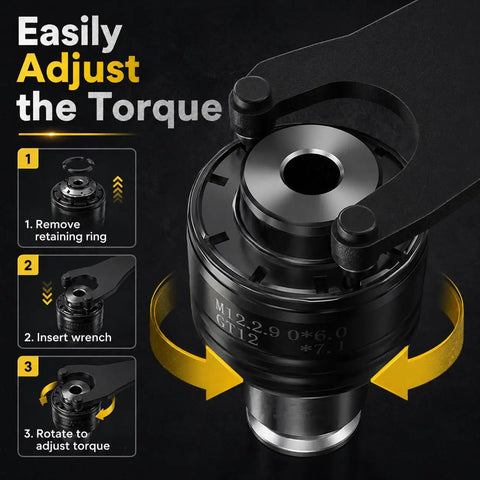 ANSI Collets Chuck Nine-Piece Tapping Adapter Set torque adjustment diagram with black wrench and retaining ring