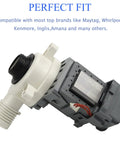 Washer drain pump assembly; white plastic body with a gray motor housing, for Whirlpool/Kenmore Maytag washers.