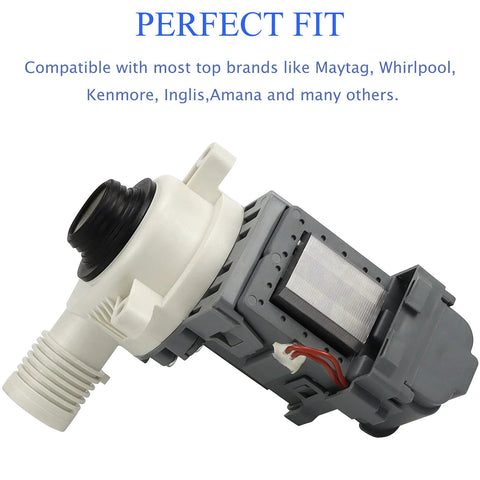 Washer drain pump assembly; white plastic body with a gray motor housing, for Whirlpool/Kenmore Maytag washers.