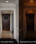 Super Slim 6 Inch LED Recessed Ceiling Lights With Night Light Mode shown in downlight and nightlight modes in a hallway