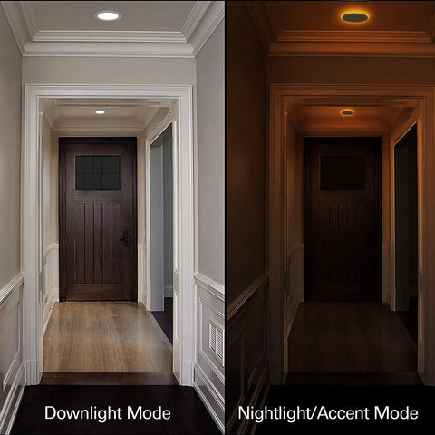 6 Pack 4 Inch LED Recessed Lights With Night Light, 5CCT Dimmable Can-Killer Downlights showing downlight and nightlight modes in hallway