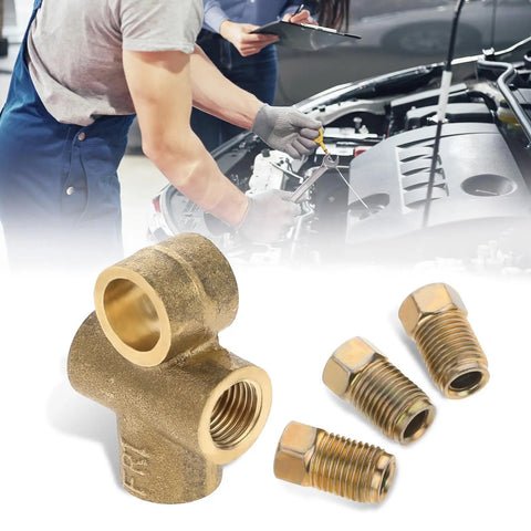 Heavy Duty Three Way T Shape Brake Line Tee Brass Union With Three Male Nuts Fits Three Sixteen Inch Pipe M10 Threading in workshop.