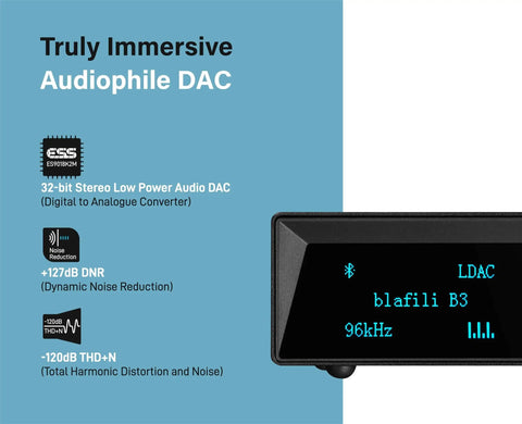 Display of XLR Bluetooth Receiver V5.1 with LDAC and aptX HD, showing LDAC, blafili B3, and audio specifications on screen.