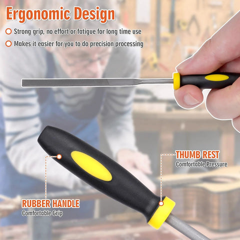 Xioysnil 2PCS fret end dressing file for guitars; close-up of ergonomic rubber-grip handle with yellow accents.