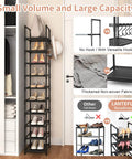 Tall Narrow Metal Shoe Rack Organizer With 10 Tier Design For Entryway And Closet Space Saver Corner Shelf That Holds 10 To 15 Pairs Of Shoes Or Boots Perfect For Doorway Garage Living Room And Easy To Move, in use, black color.