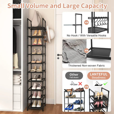 Tall Narrow Metal Shoe Rack Organizer With 10 Tier Design For Entryway And Closet Space Saver Corner Shelf That Holds 10 To 15 Pairs Of Shoes Or Boots Perfect For Doorway Garage Living Room And Easy To Move, in use, black color.