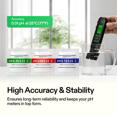 18 Pack pH Buffer Powders for Precise Calibration of Your pH Meter No-Fuss Buffers Include 6.86, 4.00, and 9.18 for Easy, Accurate Tester Readings and Reliable Results. pH meter in beaker with 4.00, 6.86, 9.18 buffer packets