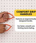 PVC pipe cable saw with orange comfort-grip handles held by hands against a pegboard background.