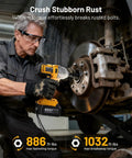 Mechanic using Half Inch Cordless Impact Wrench With Brushless Motor 1032 Foot Pounds Beefy Torque 1400 Newton Meters Electric Impact Driver Kit With 2X 4Ah Batteries on truck brake disc.
